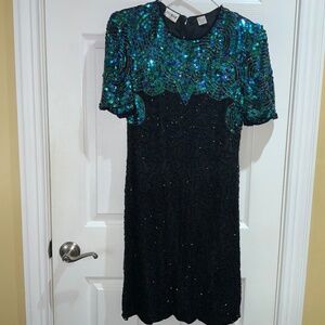 Denise Elle beaded silk cocktail peacock dress Sz L sequins vintage 80’s